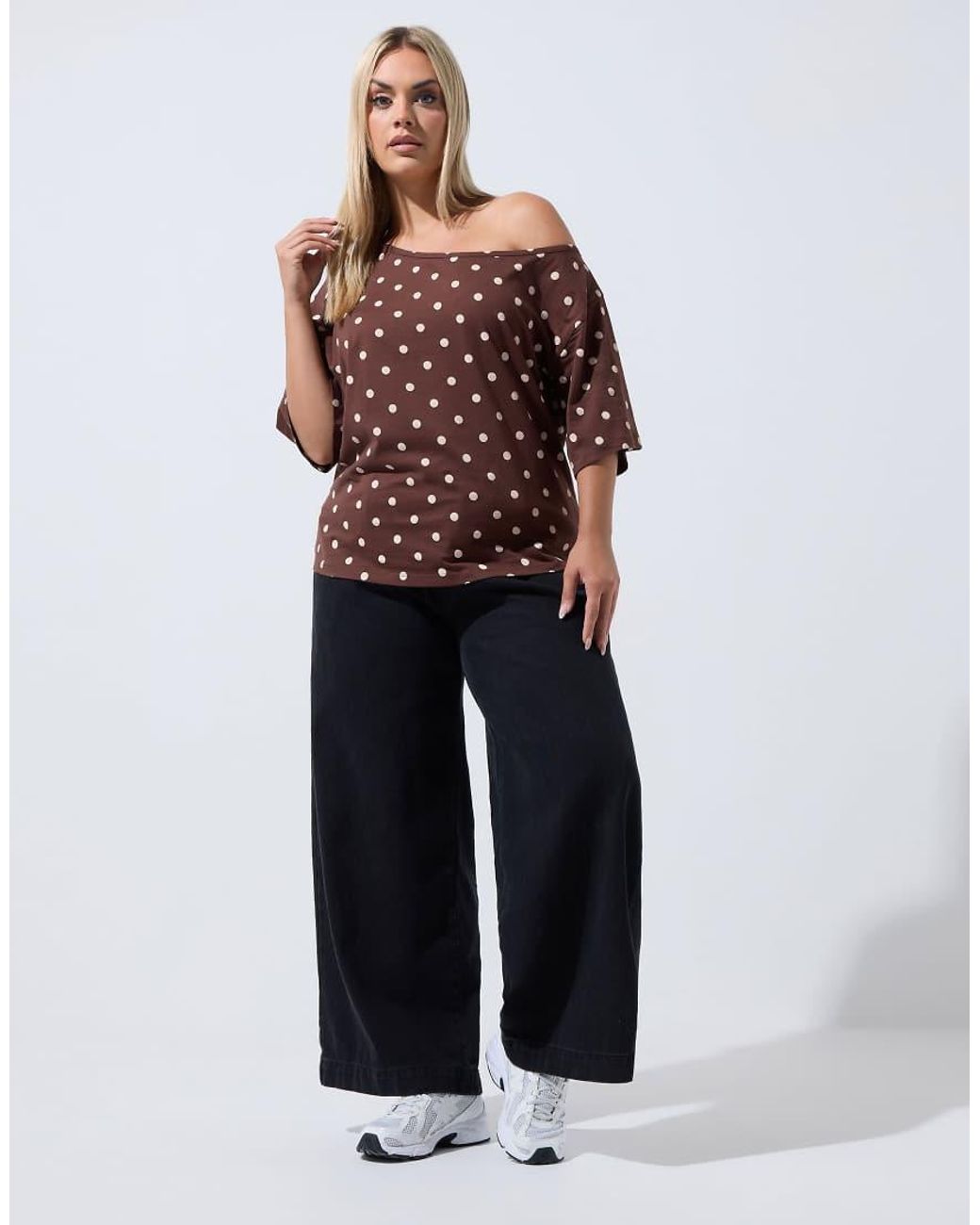 Yours Clothing Brown Polka Dot Off Shoulder T-Shirt