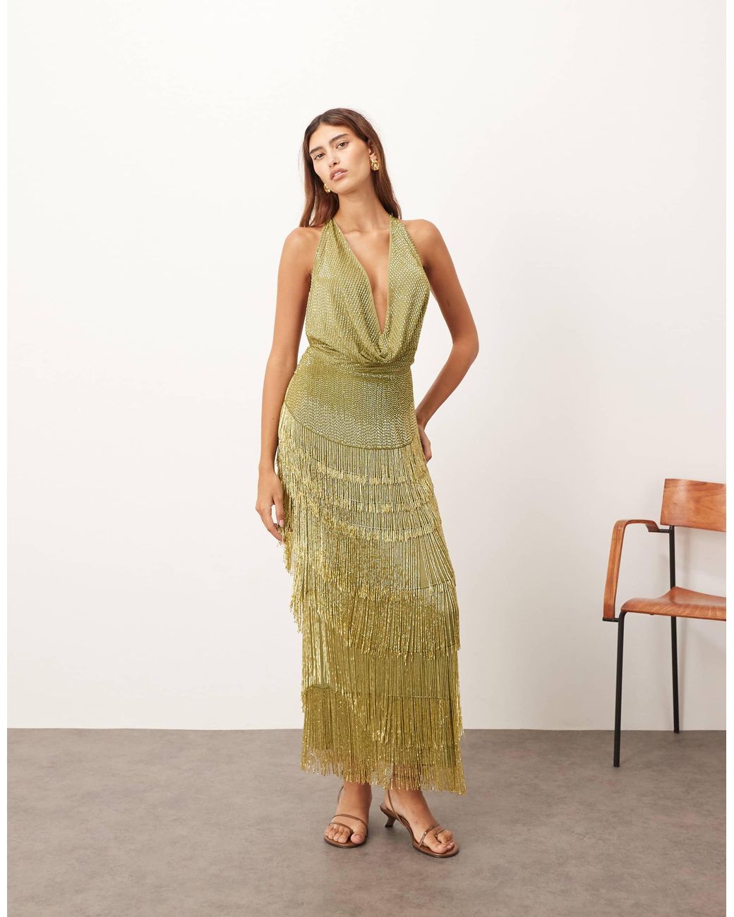ARRANGE Beaded Fringe Plunge Cowl Neck Maxi Dress in Green | Lyst