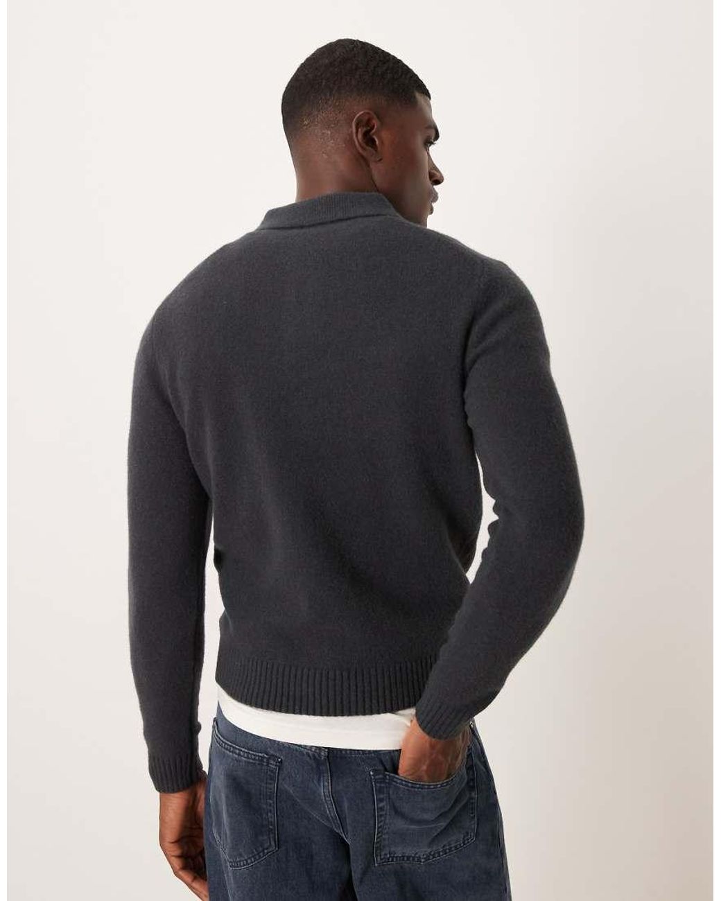 Mango Blue Split Neck Knitted Polo Jumper for men