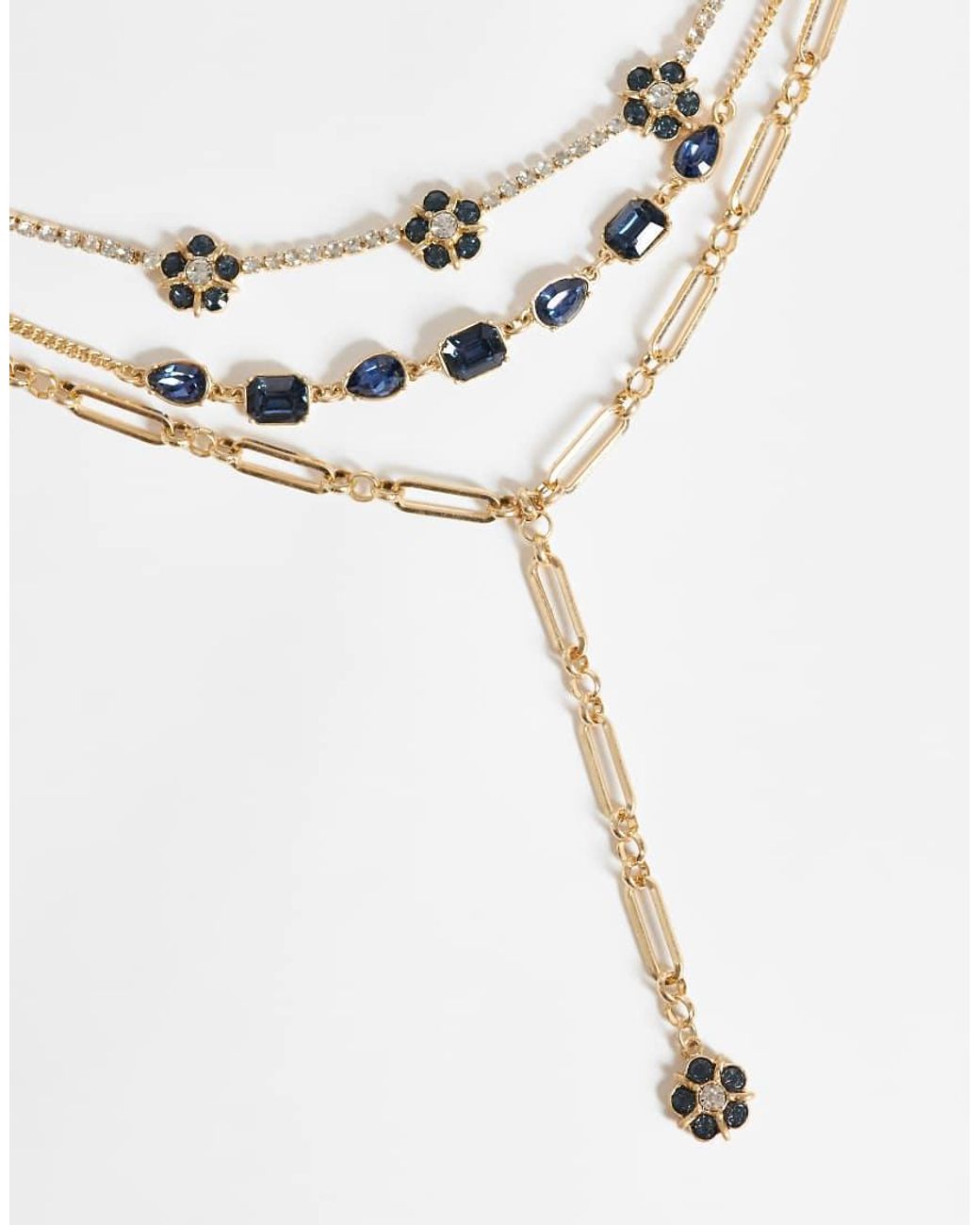 ASOS Multicolor Multirow Necklace With Mix Chain Detail And Blue Stone Set
