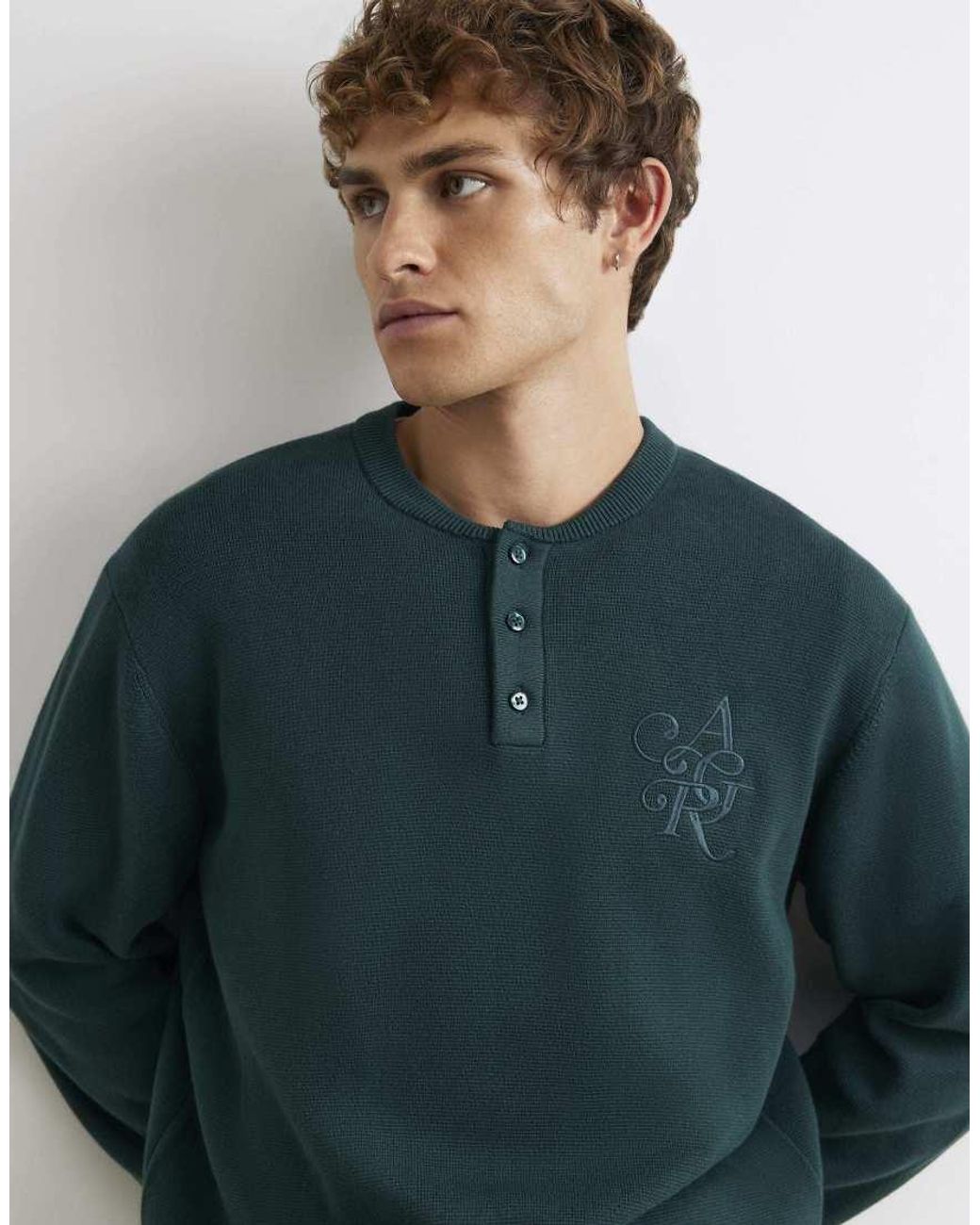 River Island Blue Regular Fit Embroidered Henley Jumper for men