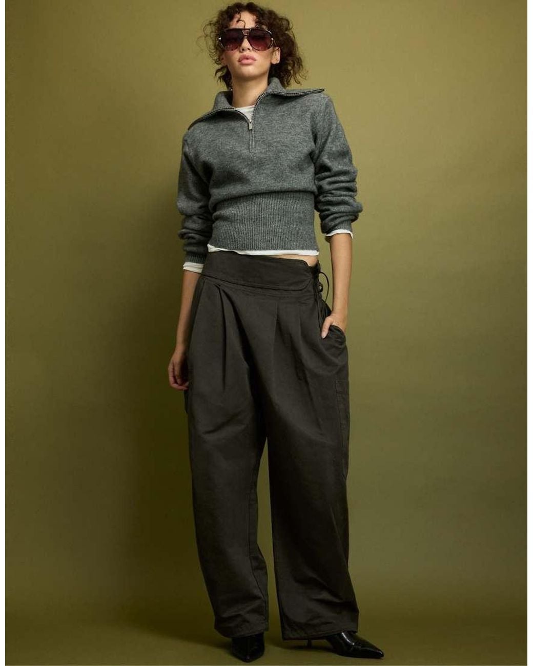 Stradivarius Green Knit Jumper With Padded Shoulders And Quarter-zip