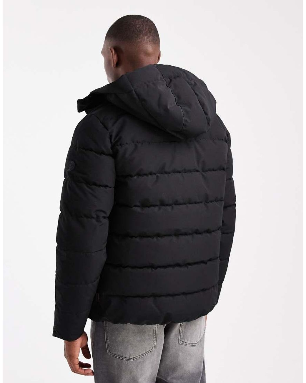 Only & Sons Black Waterproof Hooded Puffer Coat for men