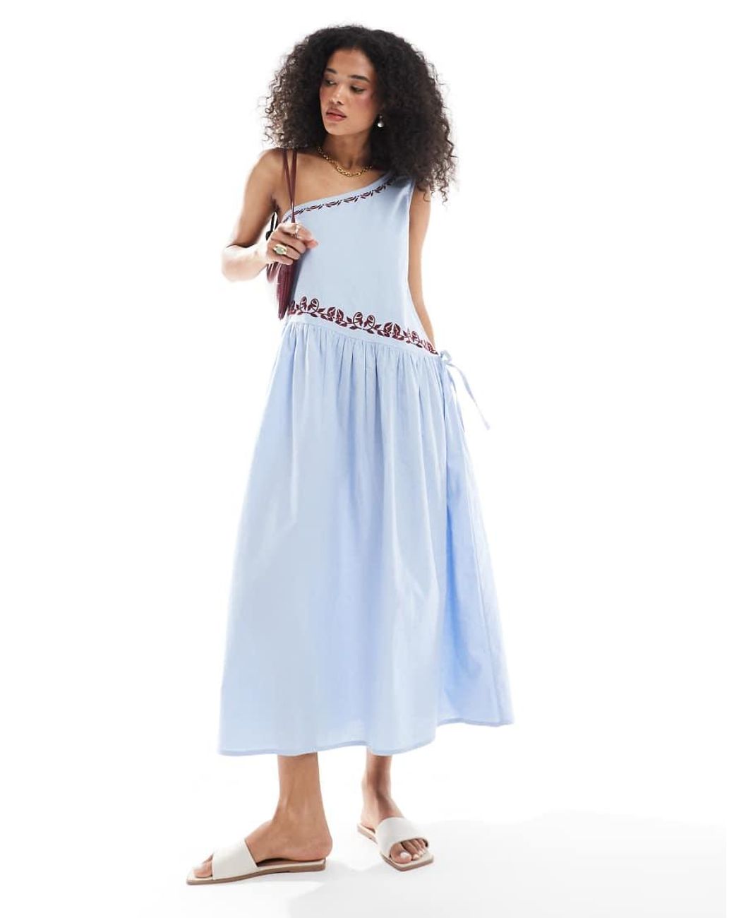 Native Youth Embroidered One Shoulder Linen Midaxi Dress in Blue | Lyst UK
