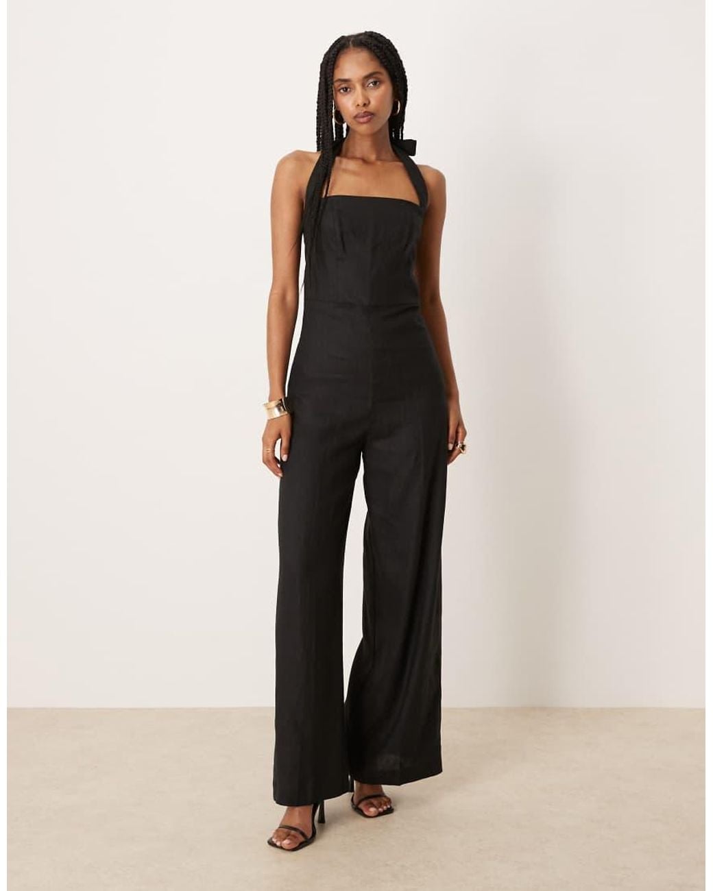 Mango Black Square Neck Halter Pleat Front Jumpsuit