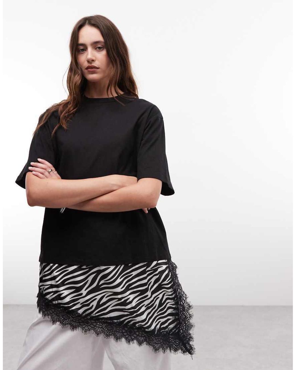 Noisy May Black Oversized T-shirt With Asymm Satin Lace Hem Underlay