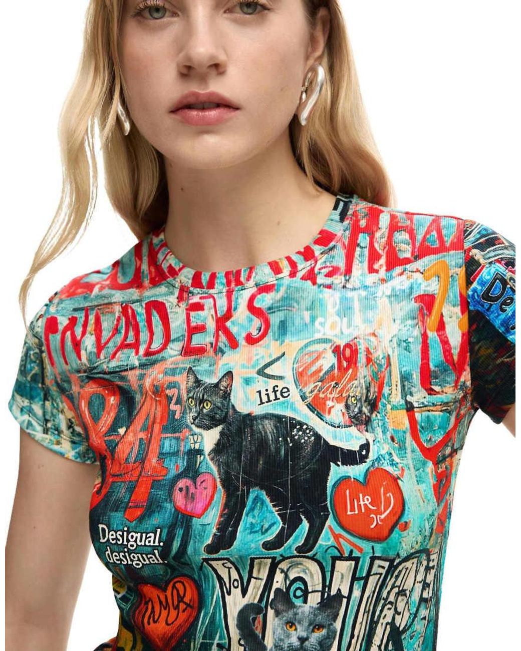 Desigual Blue Printed Cat T-Shirt