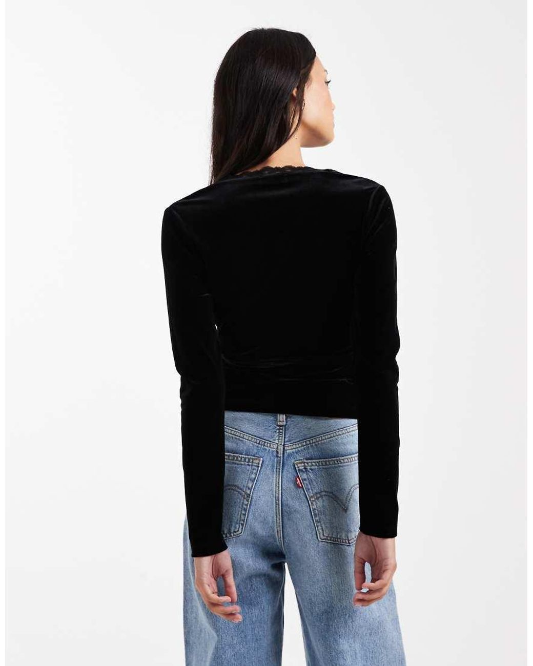 Miss Selfridge Black Velvet Long Sleeve Wrap Top