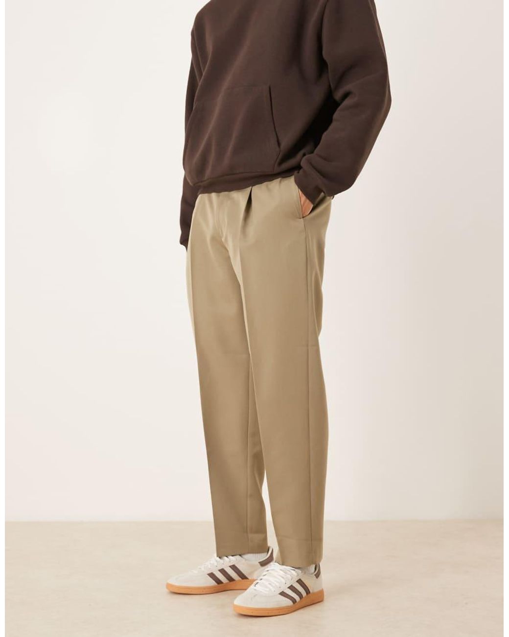 ASOS Natural Tailored Pleated Oversized Tapered Trousers And Exposed Button for men