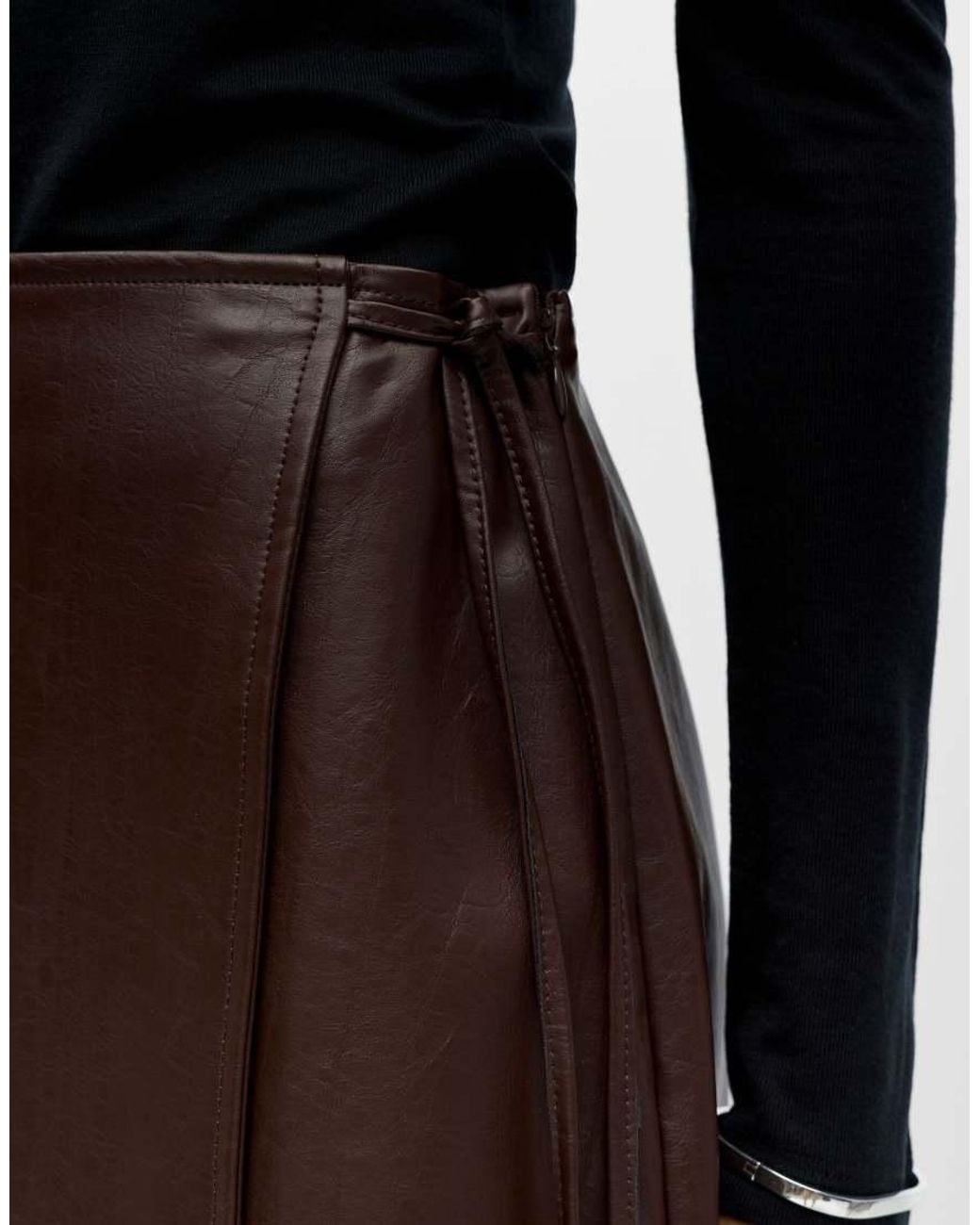 Object Black Olive Faux Leather Mid Waist Medium Wrap Mini Skirt