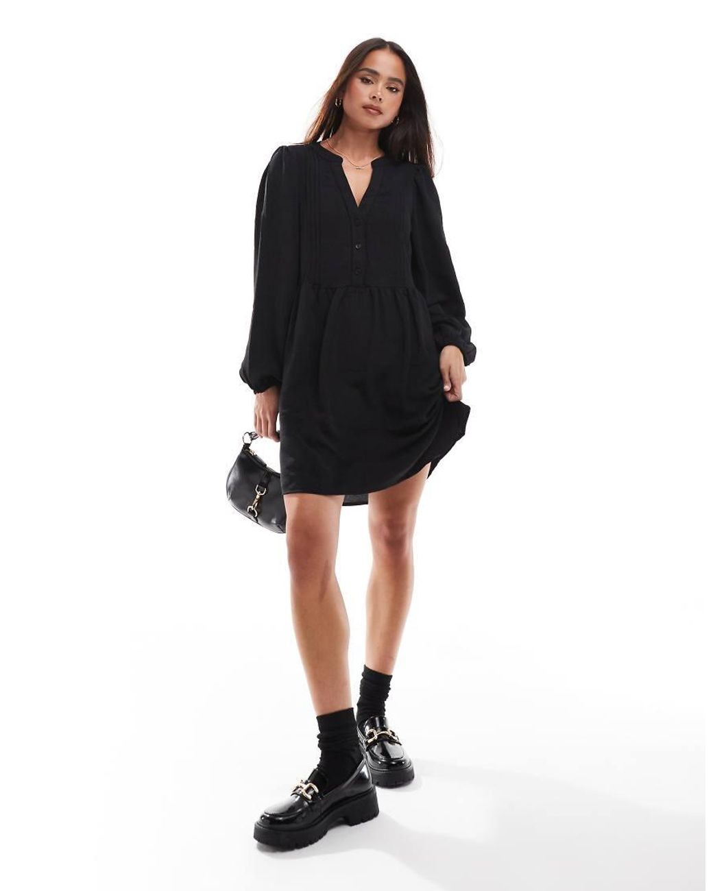 Vero Moda Black V-neck Smock Mini Dress With Puff Sleeves