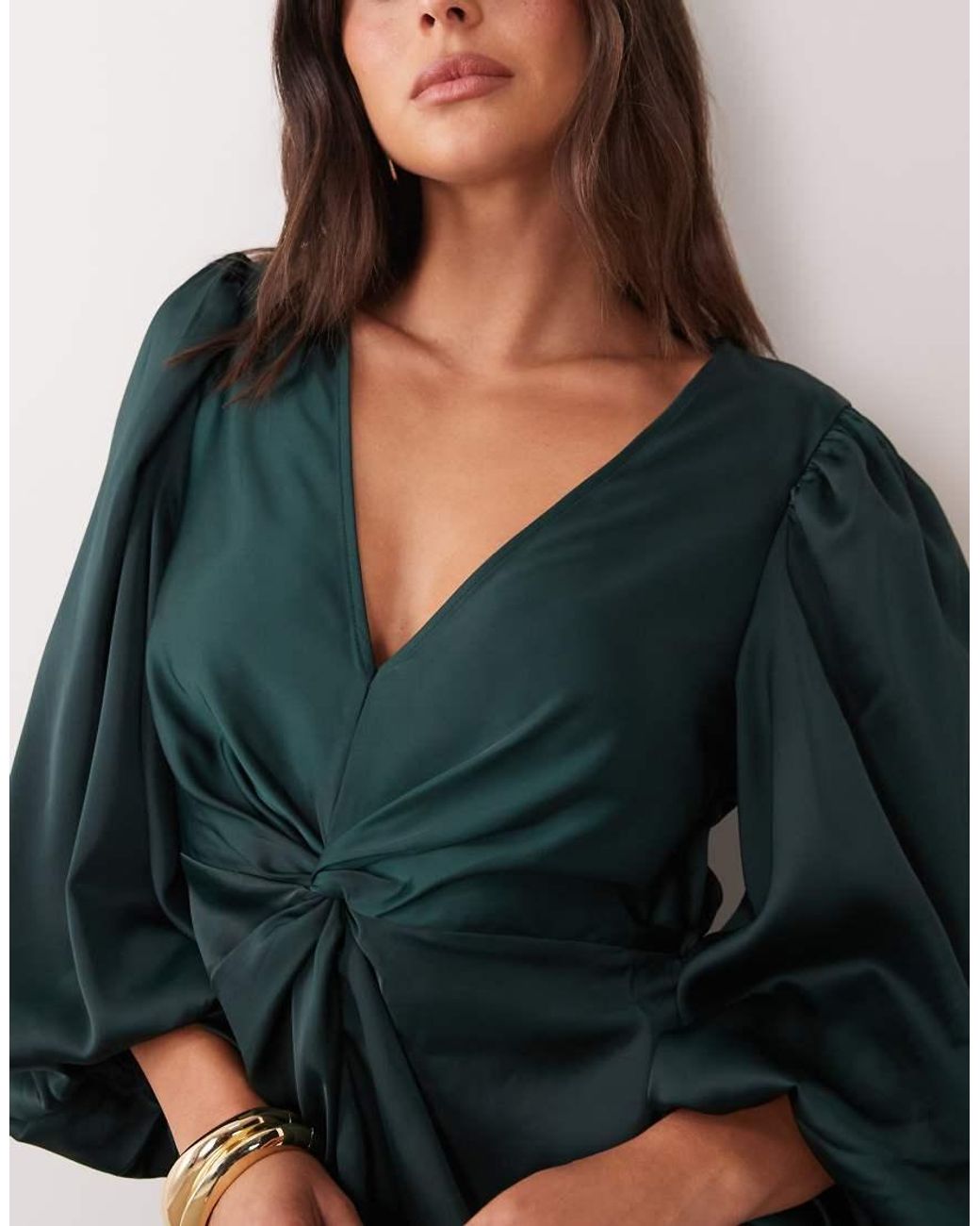 Y.A.S Black Knot Front Volume Sleeve Satin Midi Dress