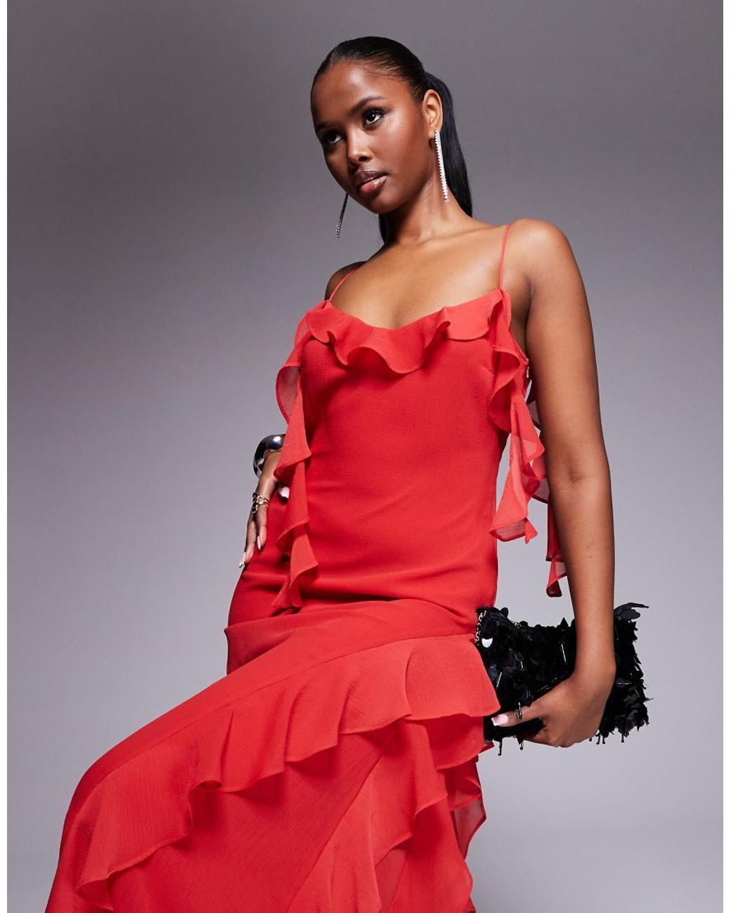 ASOS Red Textu Chiffon Maxi Dress With Trailing Ruffles