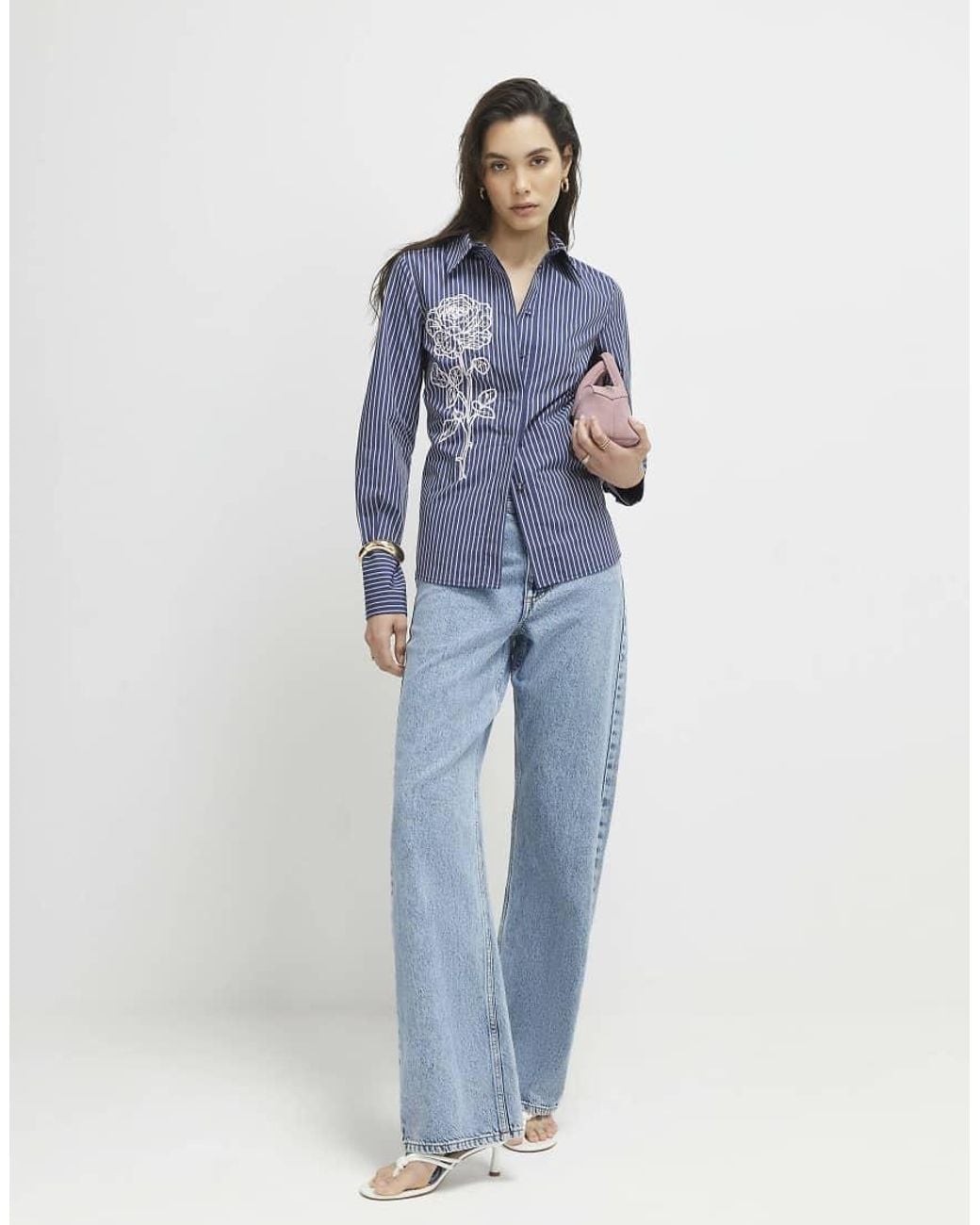 River Island Blue Striped Long Sleeve Embroidered Shirt