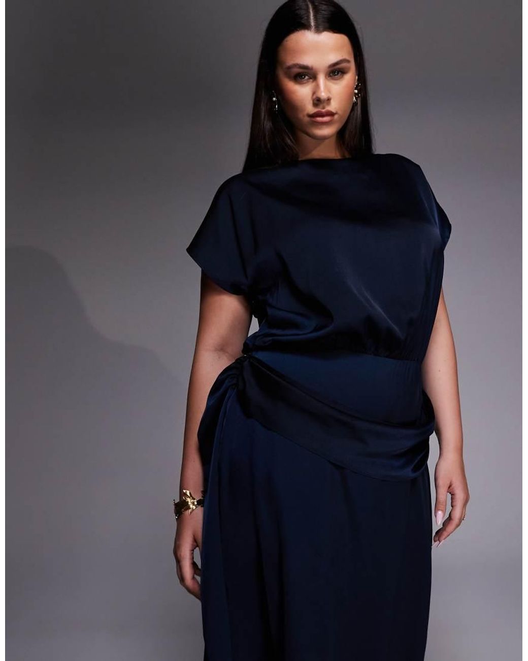 ASOS Blue Asos Design Curve Satin Flutter Sleeve Draped Waist Maxi Dress