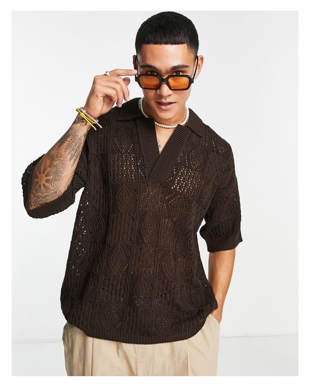 ASOS Knitted Short Sleeve Oversized Pointelle Jumper in Brown for Men | Lyst