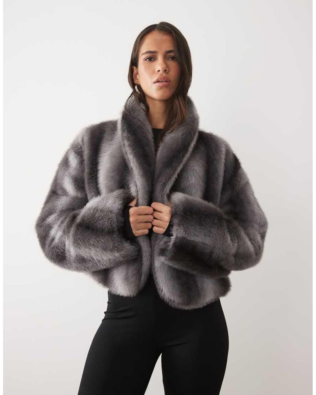 AFRM Gray Stephanie Faux Fur Barrel Crop Jacket