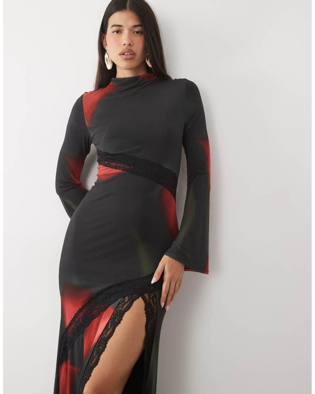 ASOS Black Printed Floral Mesh Maxi Mesh With Spliced Lace Trim And Flute Sleeves Dress