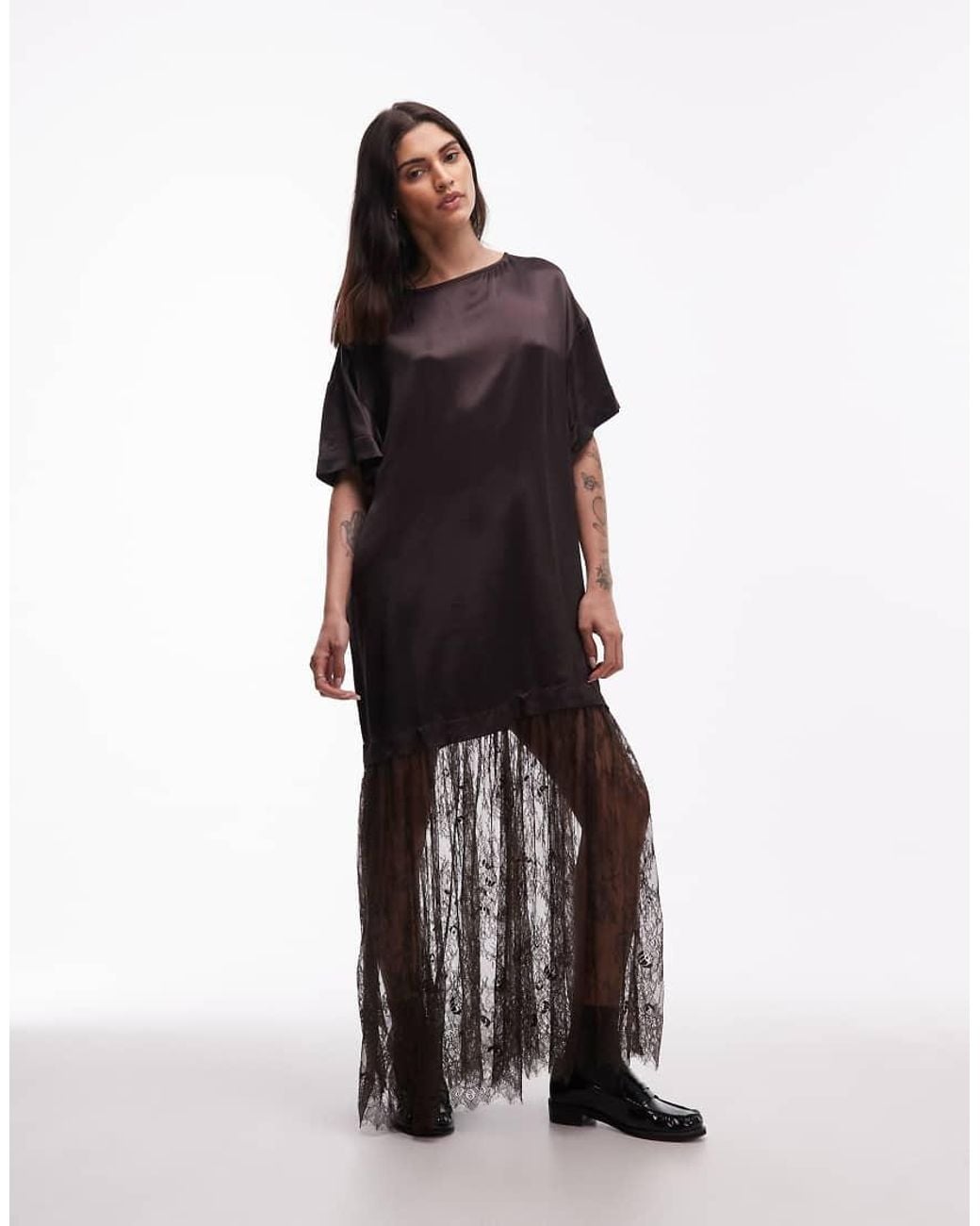 ASOS Brown Satin T-Shirt Hybrid Maxi Dress With Lace Skirt