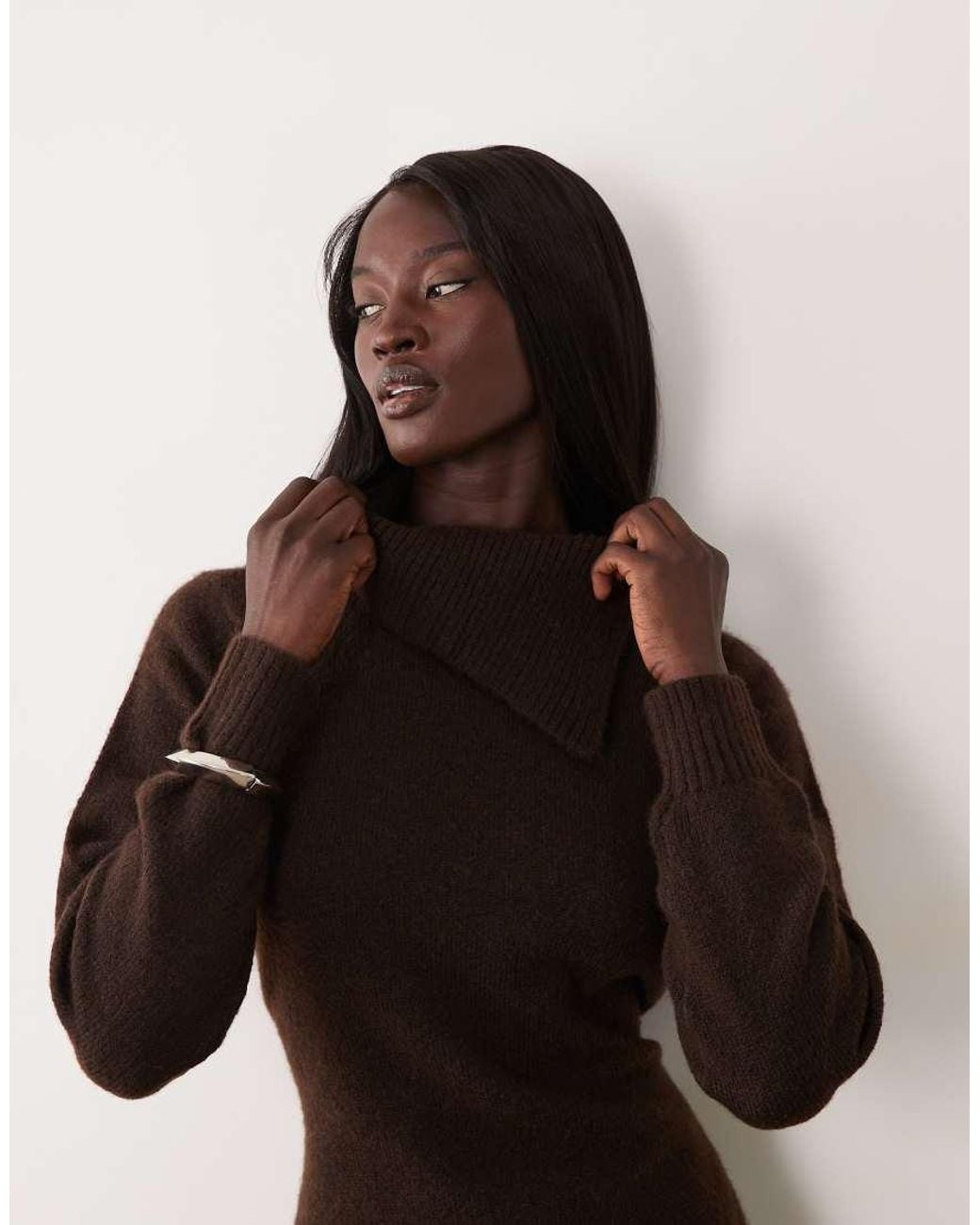 Vero Moda Brown Long Sleeve Split Neck Knitted Mini Dress With Tie Waist