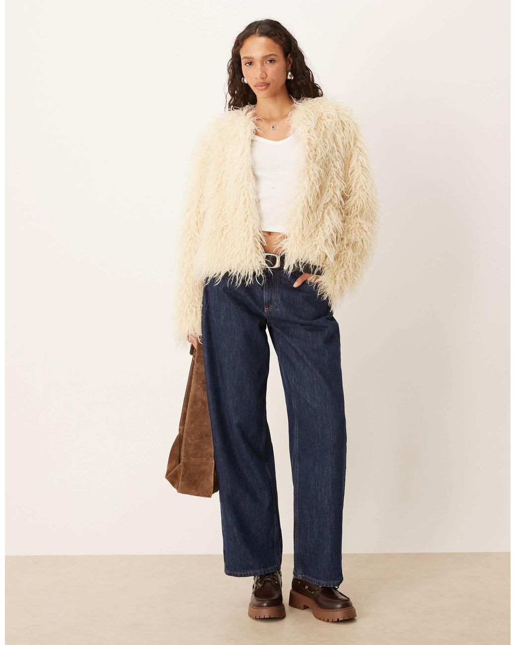 Brave Soul Natural Collarless Short Mongolian Faux Fur Jacket