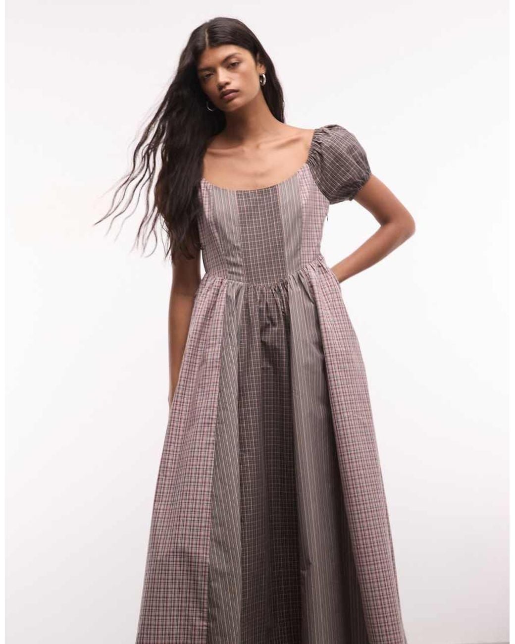 Daisy Street Brown Drop Waist Corset Style Maxi Dress With Puff Sleeve