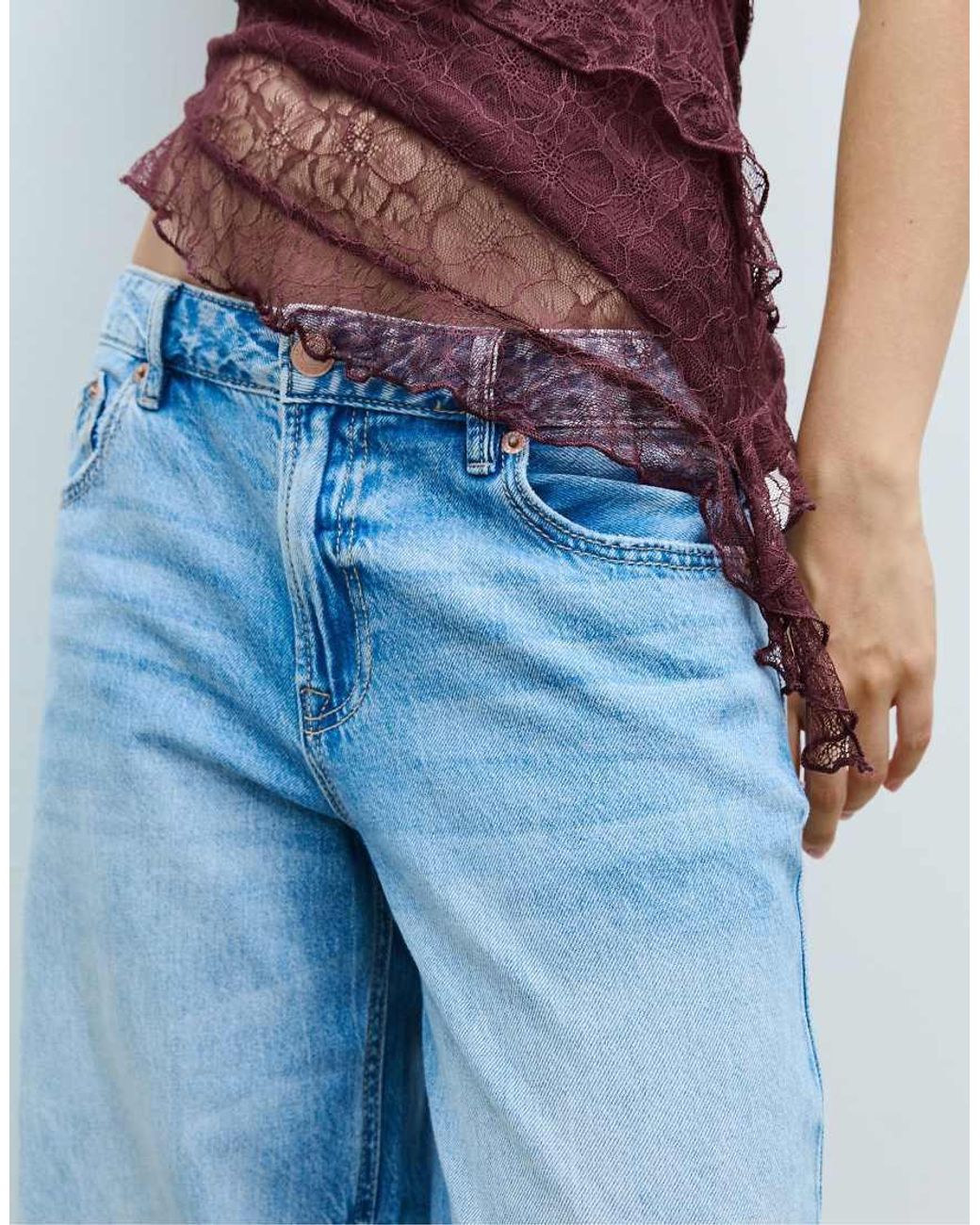 Stradivarius Purple Asymmetric Lace Top With Ruffles