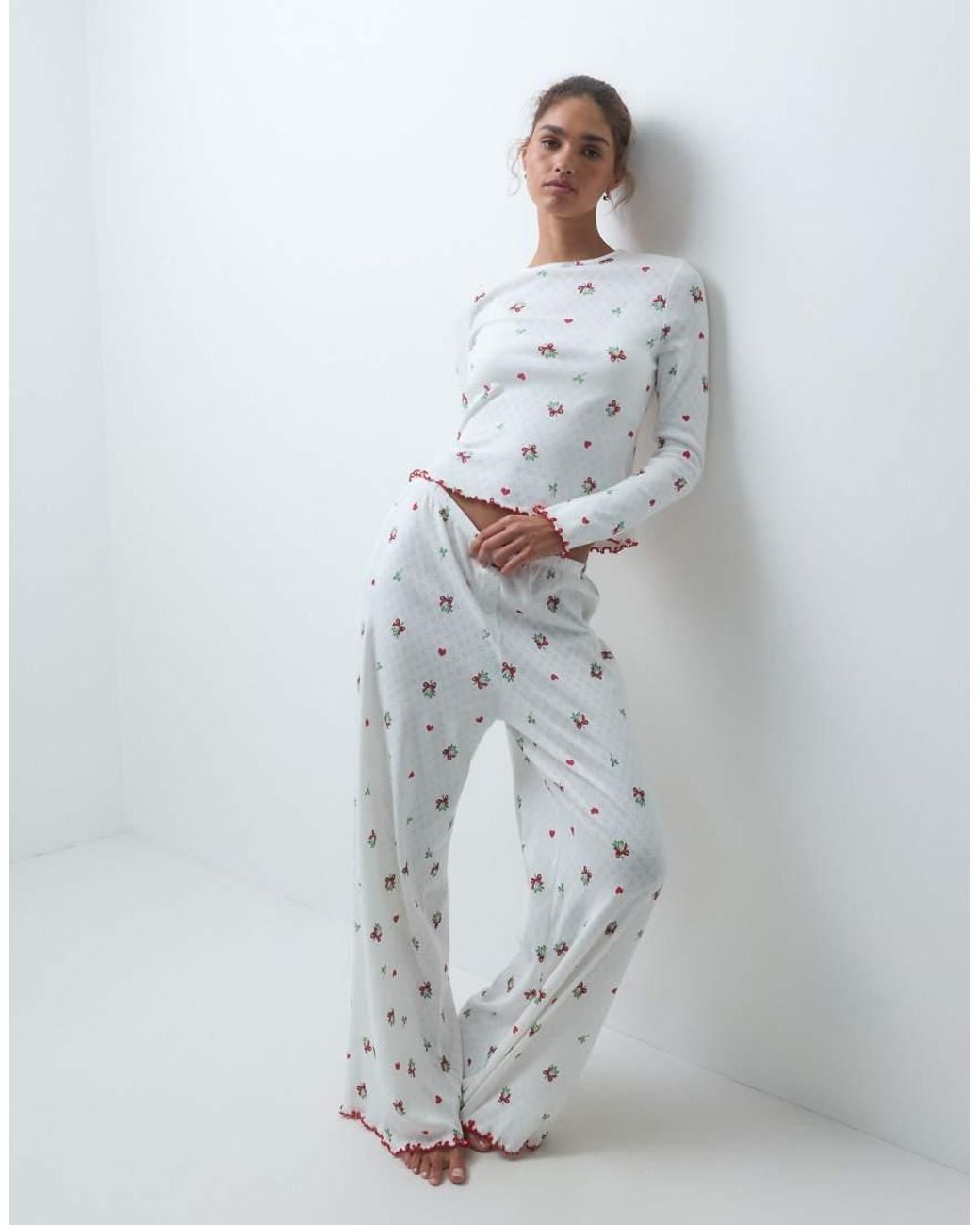 ASOS Gray Mistletoe Print Pointelle Long Sleeve Top & Wide Leg Trouser Pyjama Set