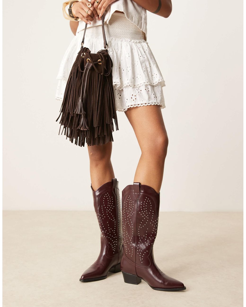 Glamorous Brown Studded Western Knee Boots