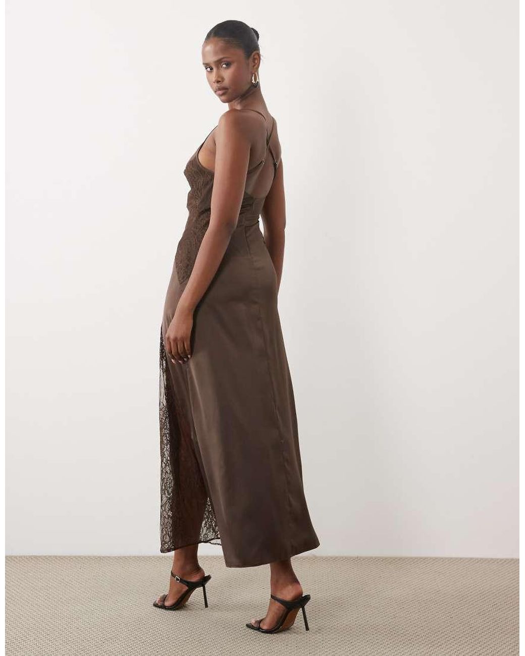 The Frolic Brown Exclusive Satin Cami Midaxi Dress With Lace Detailing