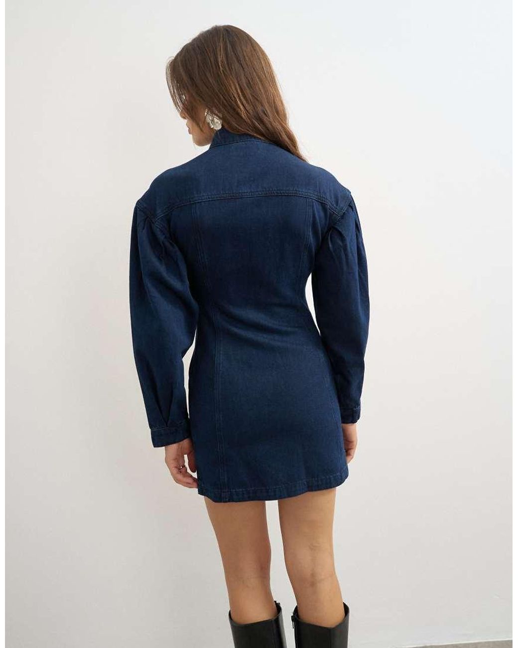 TOPSHOP Blue Balloon Sleeve Mock Neck Mini Dress