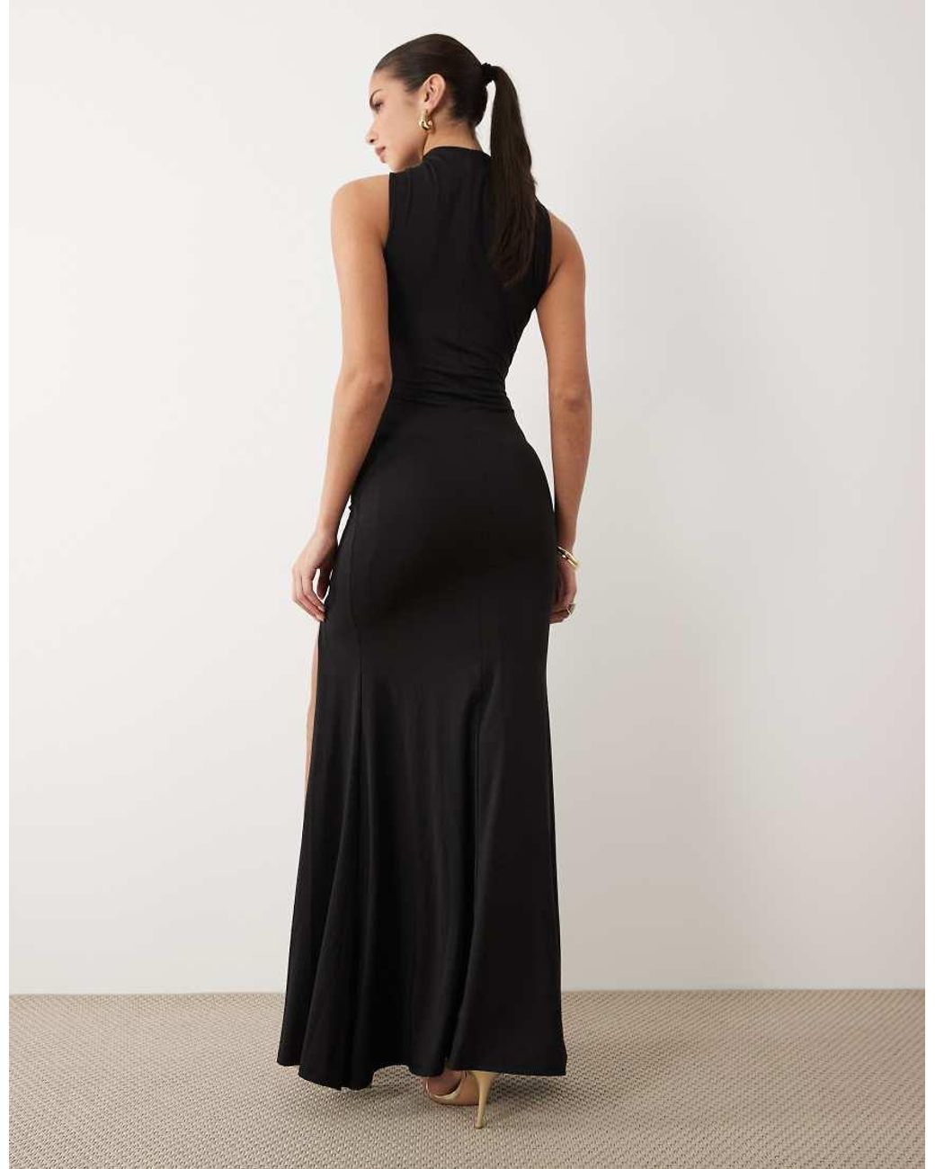 ASOS Black Hardware Detail High Neck Cutaway Slinky Maxi Dress
