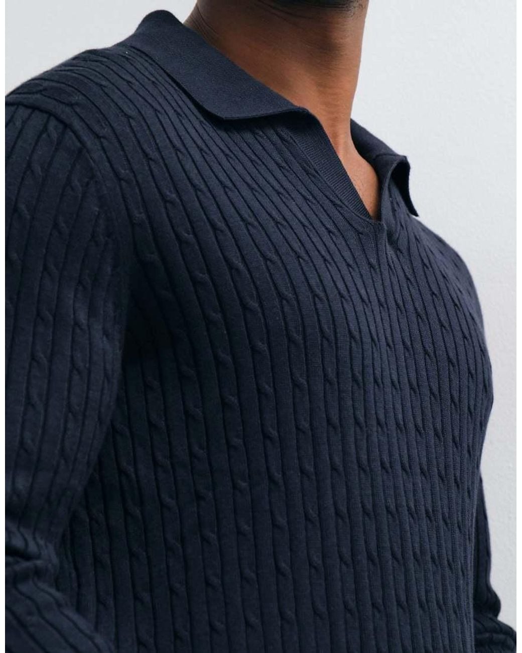 Mango Blue Knitted Revere Collar Sweater for men