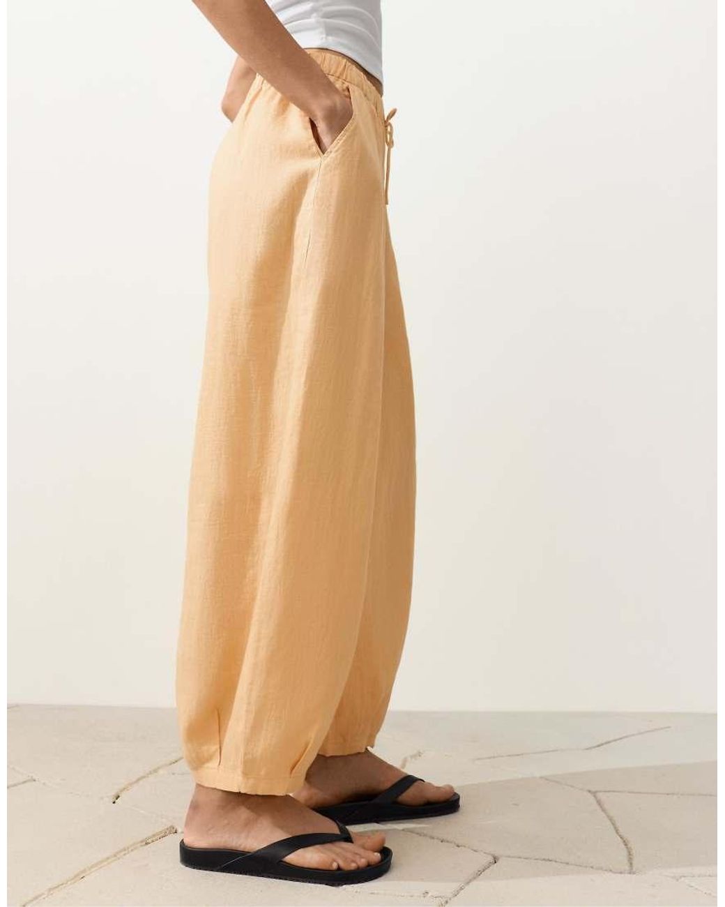 Oysho Natural 100% Linen Pleated Balloon Trousers