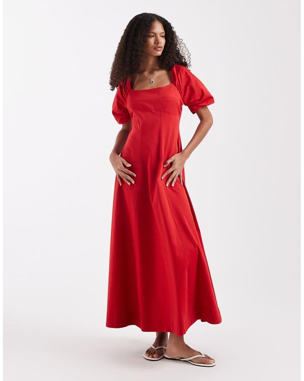 ASOS Red Square Neck Structu Cotton Midi Dress With Back Strap