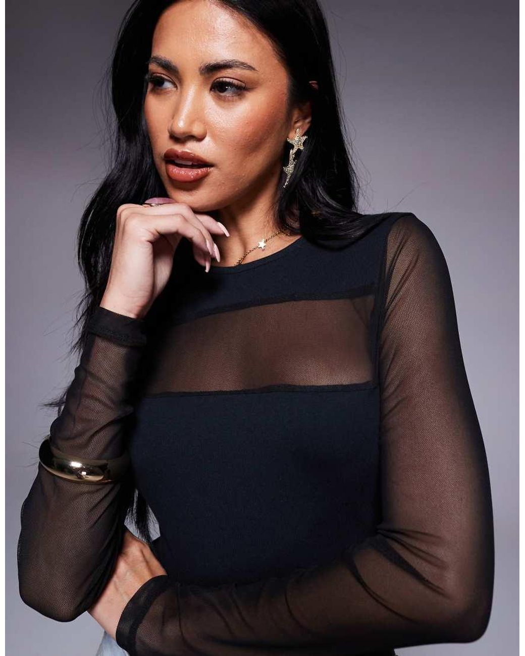 ASOS Blue Mesh Mix Panel Long Sleeve Bodysuit