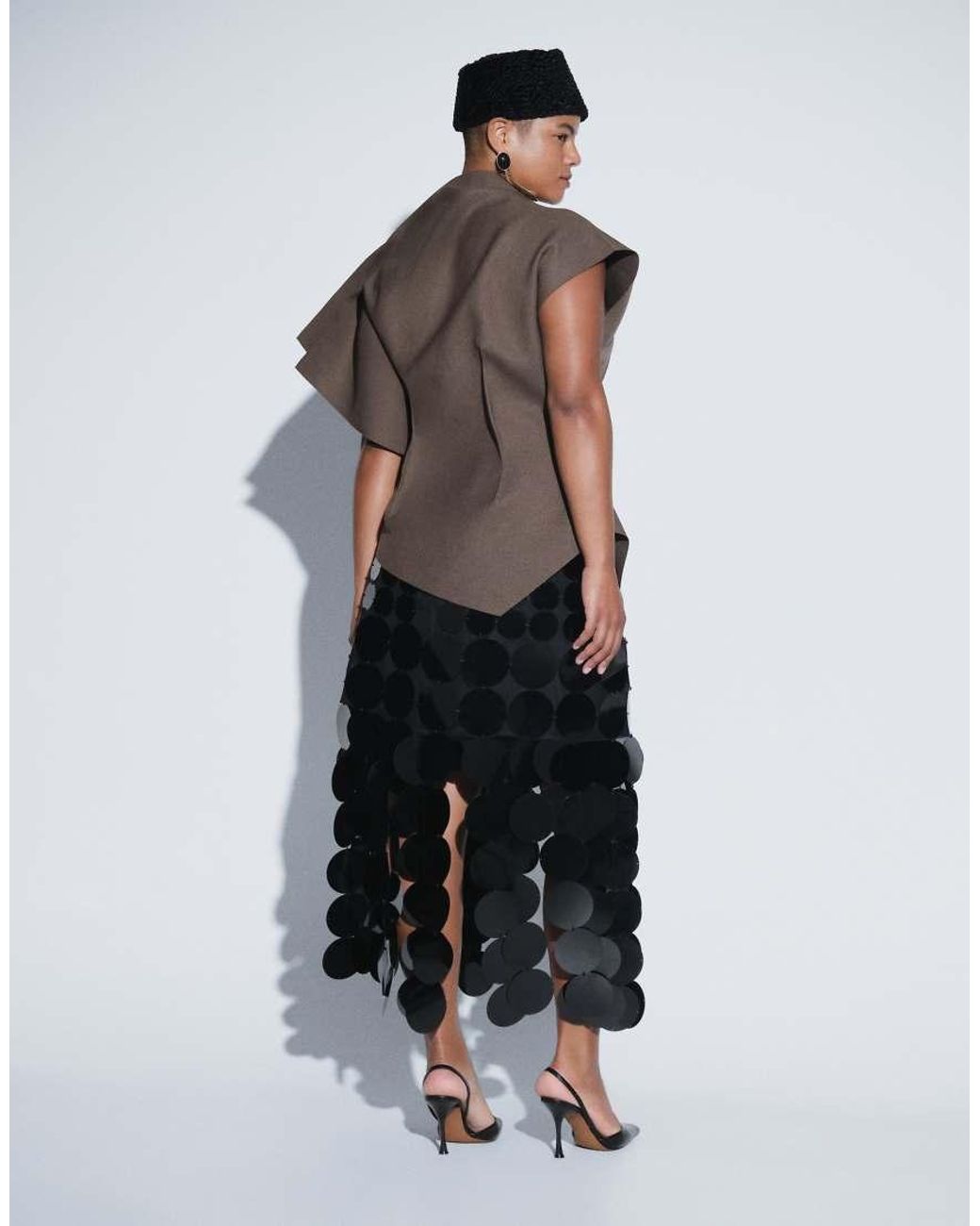 ARRANGE Black Curve Disc Sequin Column Midi Skirt