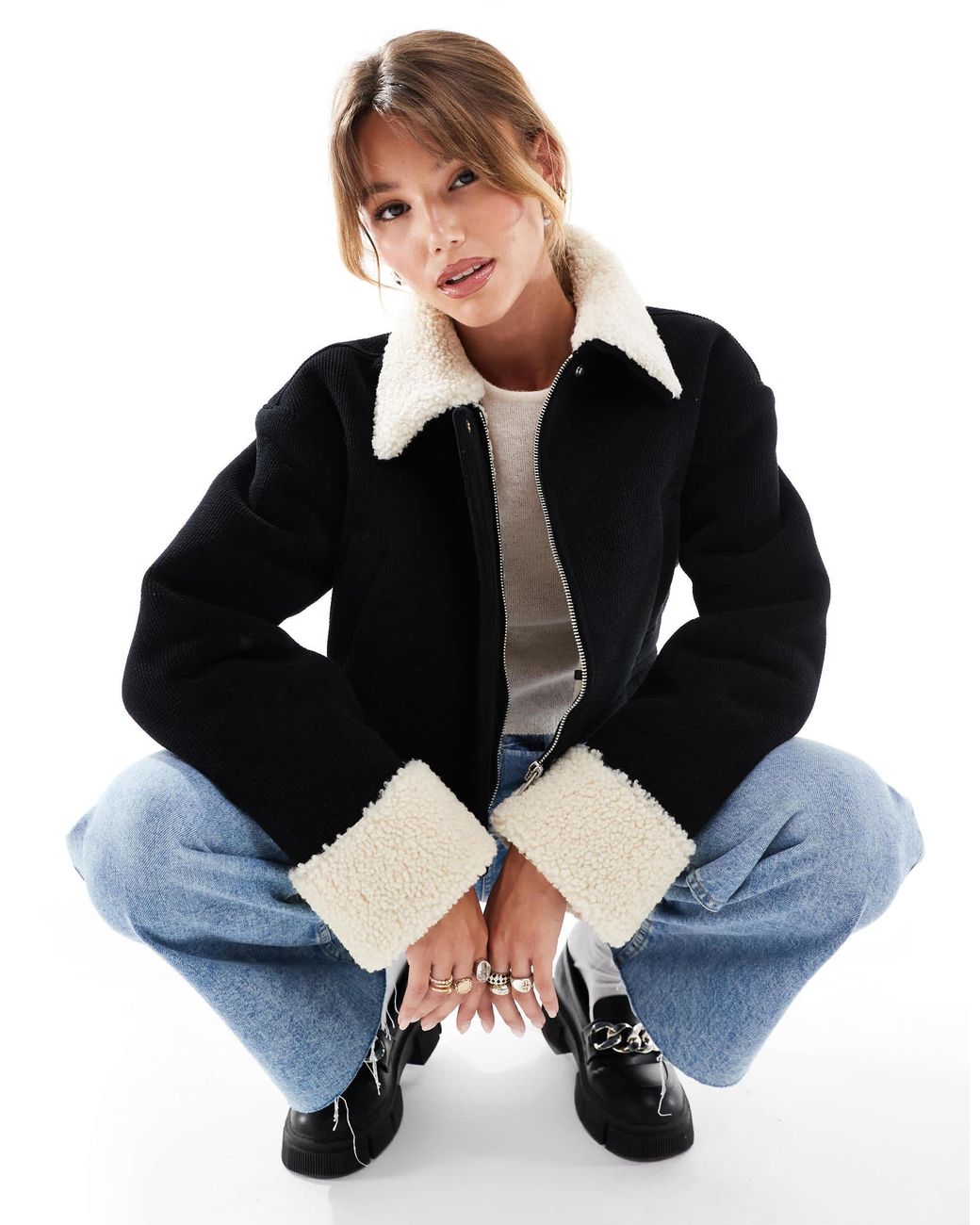 ASOS Cord Bonded Jacket With Shearling Collar in Blue | Lyst