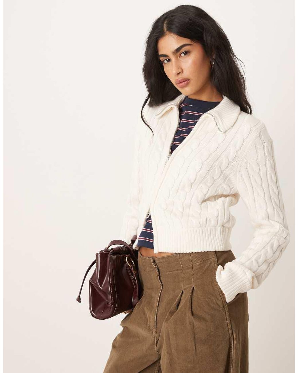 Abercrombie & Fitch Natural Cable Knit Full Zip Collared Cardigan