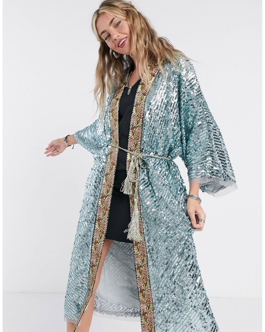 Free People Light Is Coming Sequin Duster Jacket in Green