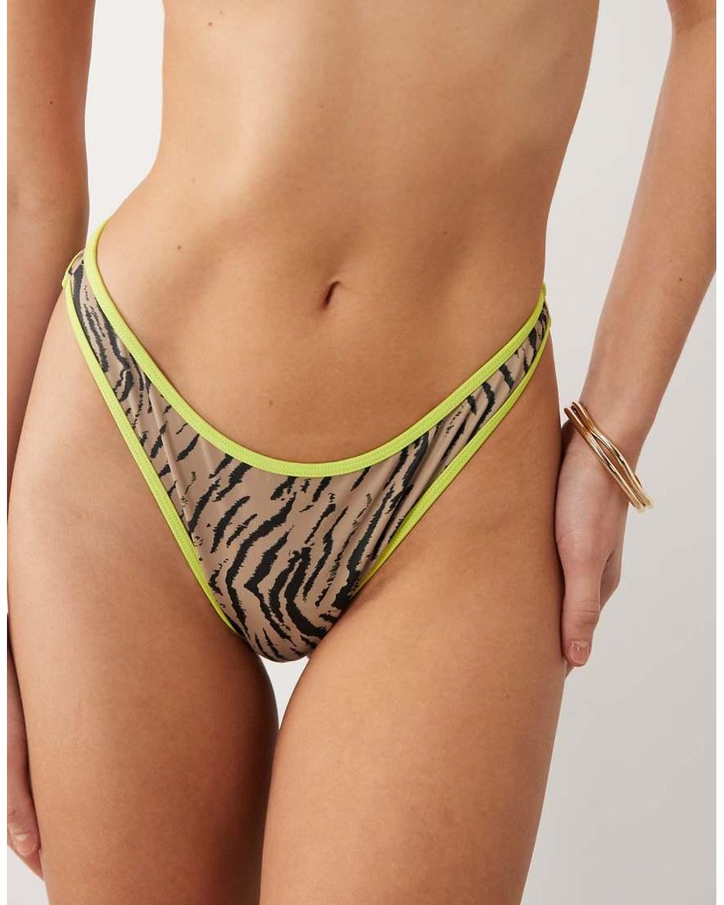 ASOS Brown Zaria Ibiza High Leg Brazilian Bikini Bottom With Contrast