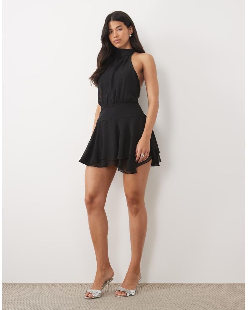 Fashionkilla Black Exclusive Chiffon Halterneck Foldover Detail Ruffle Skirt Mini Dress