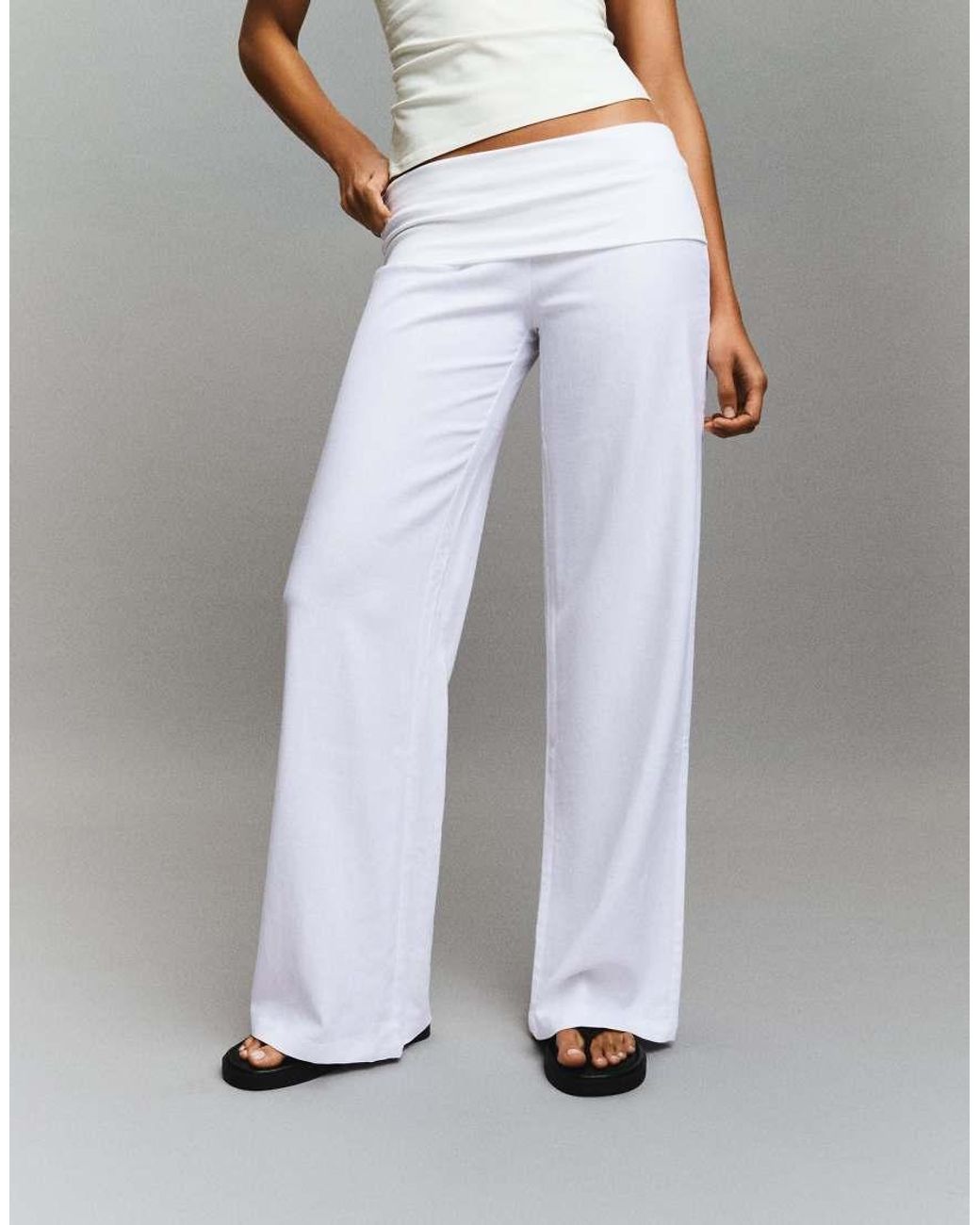 Bershka White Turn-up Waist Trousers