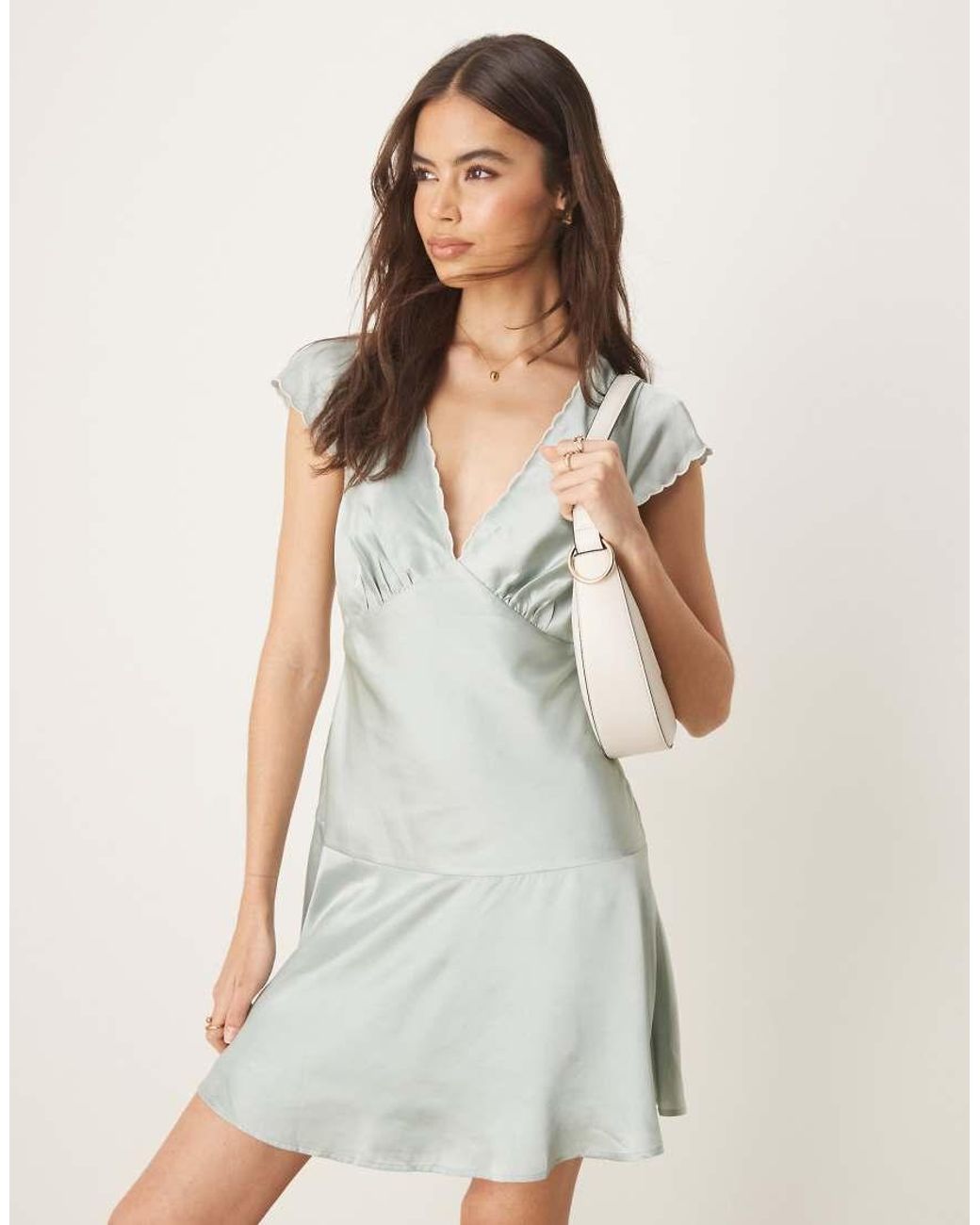 ASOS Natural Asos Design Tall Satin Flippy Mini Dress With Scallop Trim
