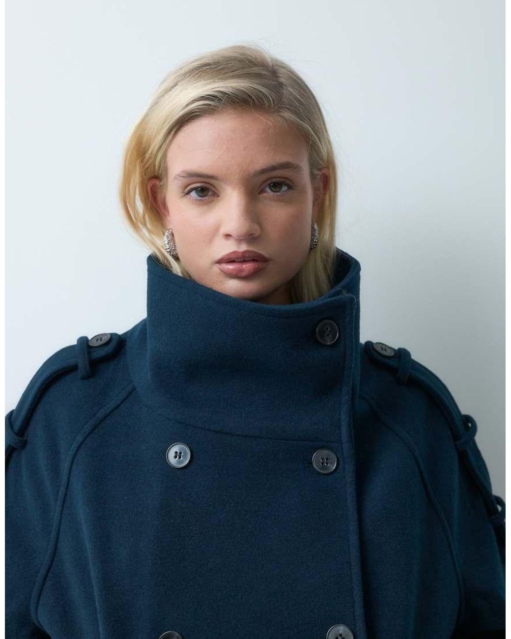 Gina Tricot Blue High Neck Short Jacket With Wool