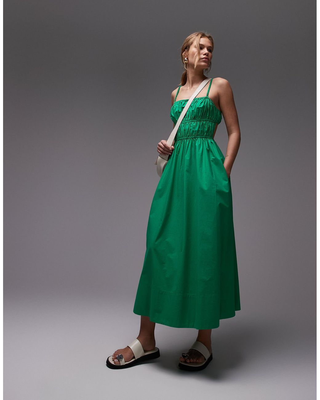 TOPSHOP Shirred Poplin Midi Dress in Green | Lyst