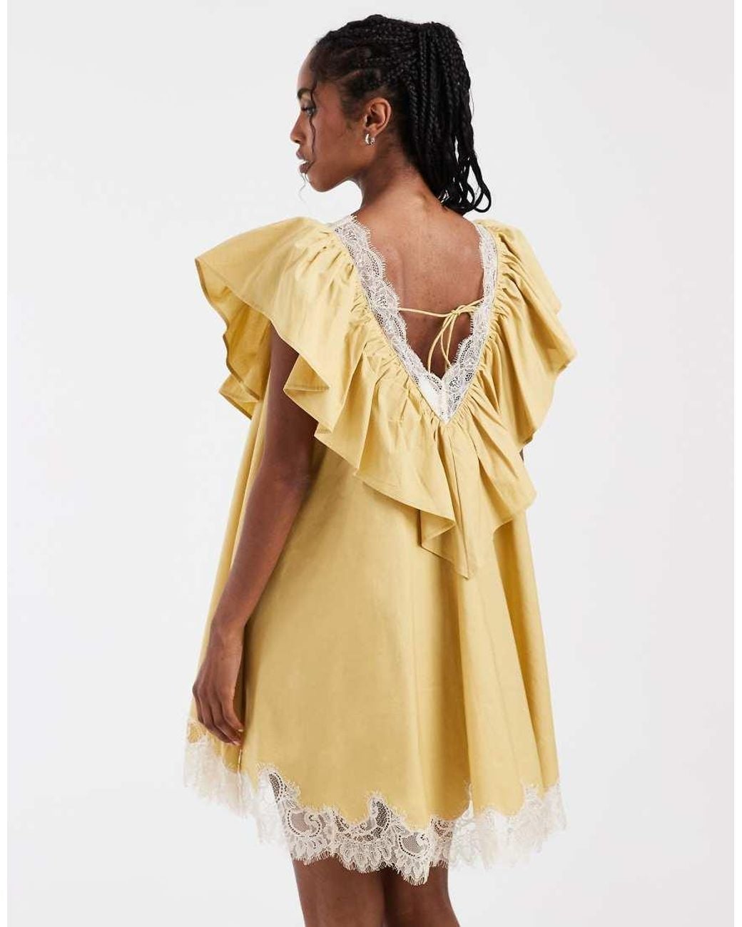 ASOS Pink V Neck Poplin Ruffle Mini Dress With Lace Trims