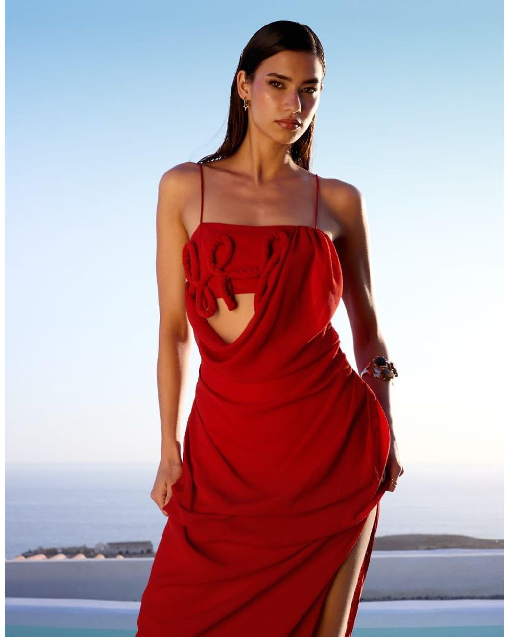 ASOS Red Draped Cami Maxi Dress With 3D Floral Detail