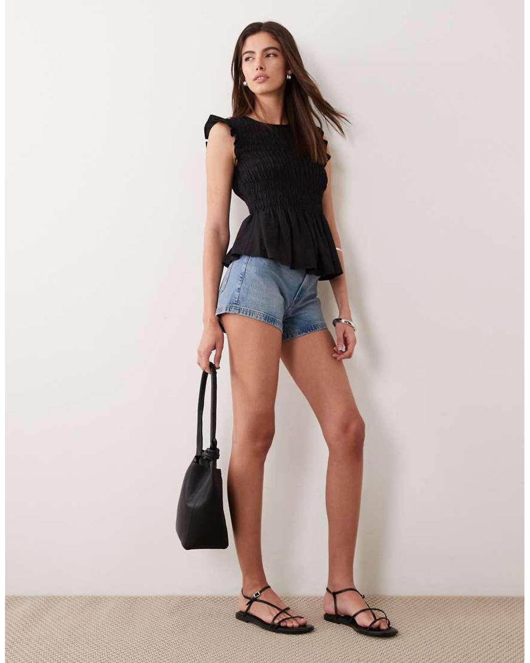 New Look Black Shirred Ruffle Sleeve Top