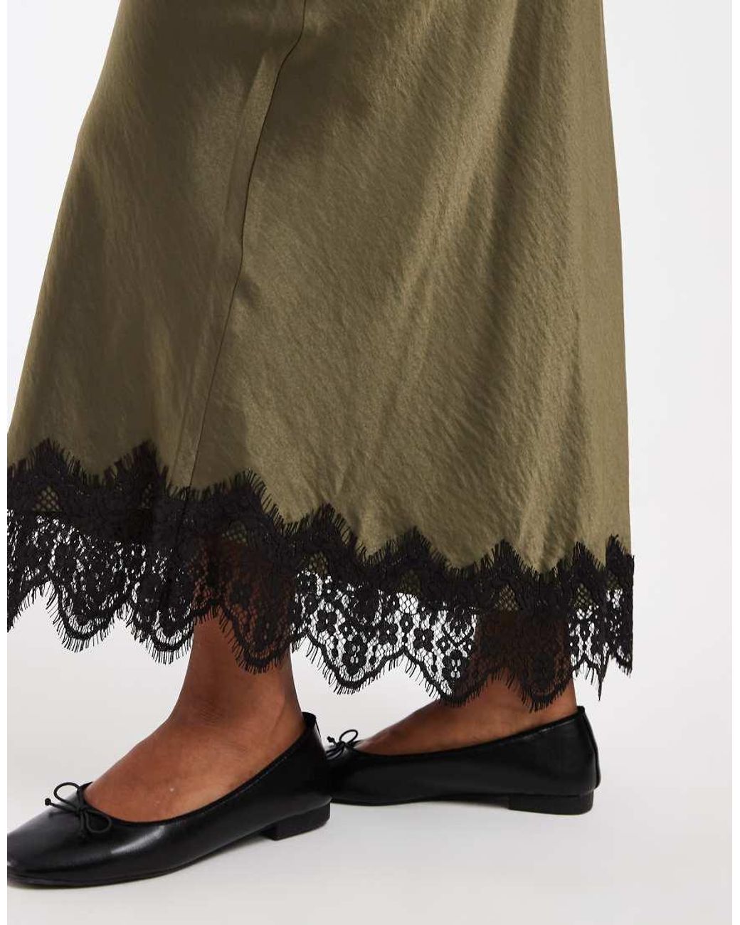 Vero Moda Green Satin Midi Skirt With Lace Detail Hem
